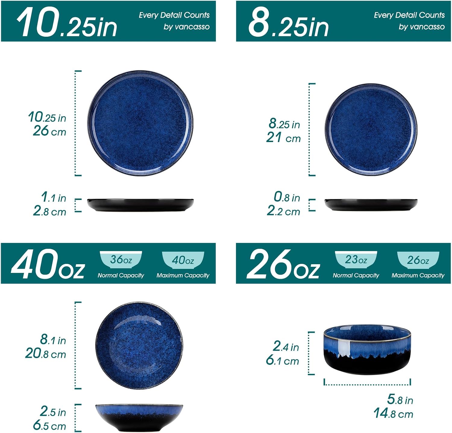 Série STARRY Service de Table 24 Pièces en Grès, Service Vaisselle 6 Personnes, avec 6 Assiettes Plates, 6 Assiettes à Dessert, 6 Bols à pâtes et 6 Bols à Céréales, Bleu à Émail Réactif 24 Pièces Bleu
