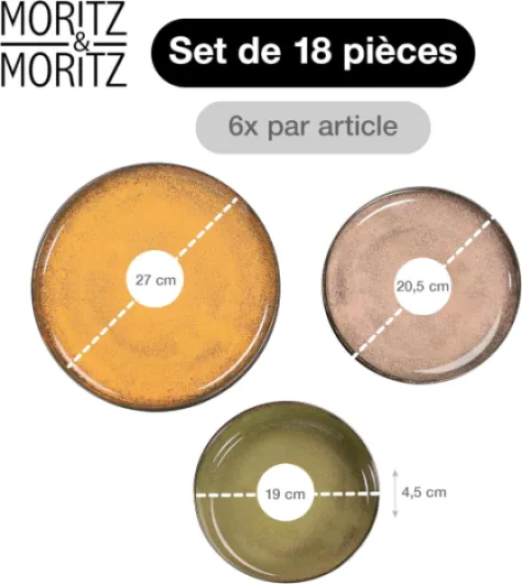 Moritz & Moritz VIDA service de table 6 personnes - 18 Pièces - services de vaisselle couleurs vintage jaune, vert et rouge 6x assiettes plates, 6x assiettes creuses, 6x assiettes à petit-déjeuner Vintage Set de Vaisselle (18 pcs)