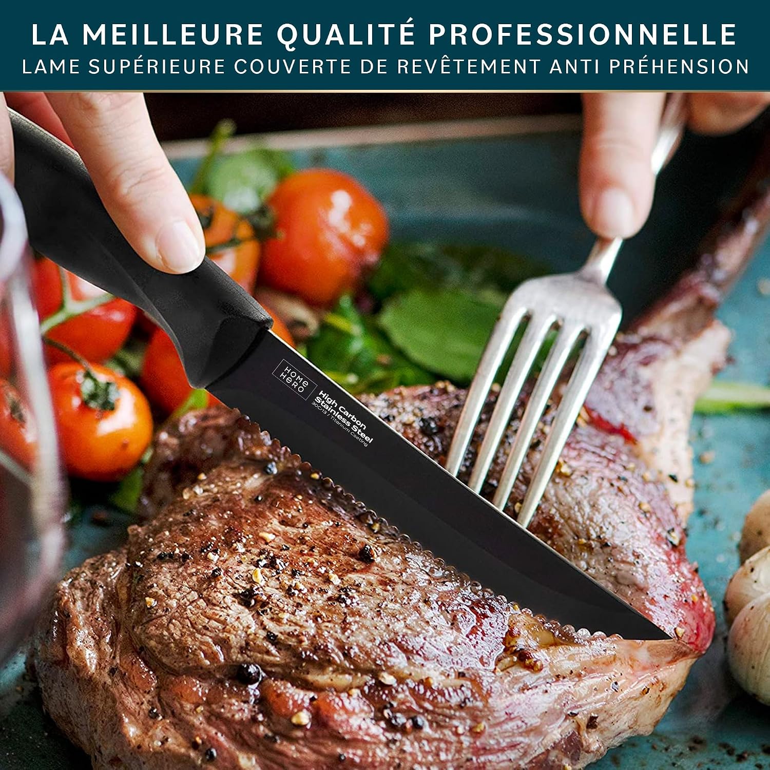 Couteaux à Steak de Cuisine Couteaux de Table - Lot de 8 en Acier Inoxydable avec Lame Dentelée 21 cm Noir - Couteau Viande Couverts de Table - Steak Knives Set 8 Pièces Set Home Hero Lot de 8 couteaux à steak