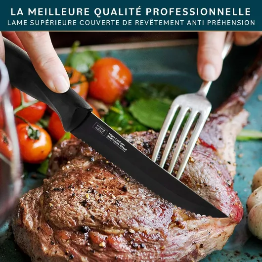 Couteaux à Steak de Cuisine Couteaux de Table - Lot de 8 en Acier Inoxydable avec Lame Dentelée 21 cm Noir - Couteau Viande Couverts de Table - Steak Knives Set 8 Pièces Set Home Hero Lot de 8 couteaux à steak