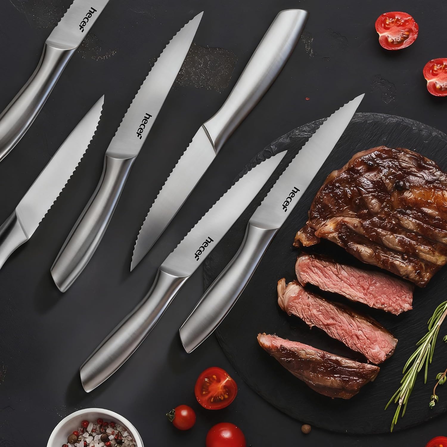 Couteaux à steak 6 pièces, couteaux de table dentelés et tranchants avec manche creux ergonomique, petits couteaux en acier inoxydable pour viande et pain, lame 12,7 cm, argenté 6 Pieces