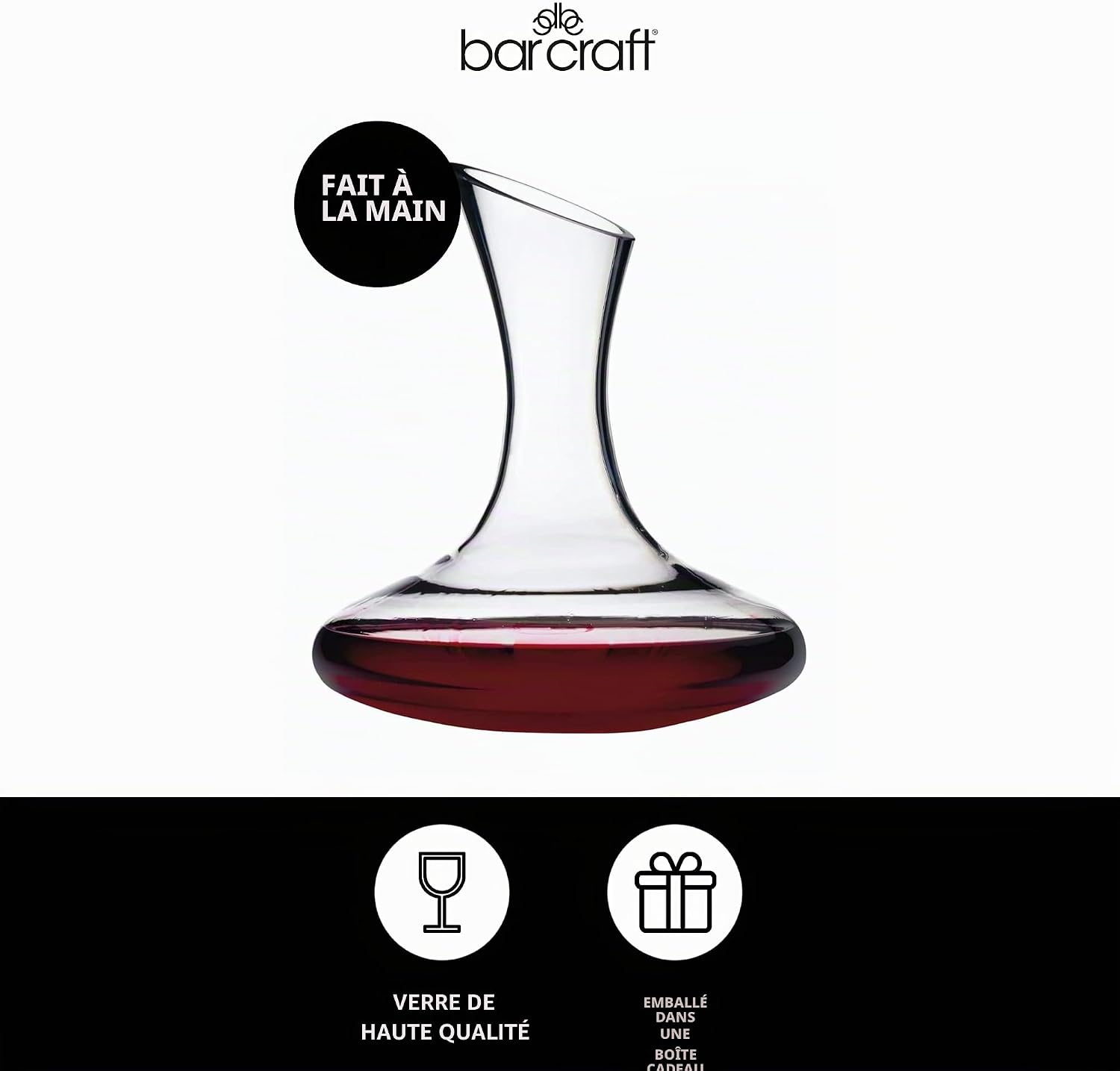 BarCraft Carafe à Decanter Vin de Luxe en Verre Faite à la Main, 1,5 Litre, Transparent Simple