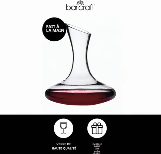 BarCraft Carafe à Decanter Vin de Luxe en Verre Faite à la Main, 1,5 Litre, Transparent Simple