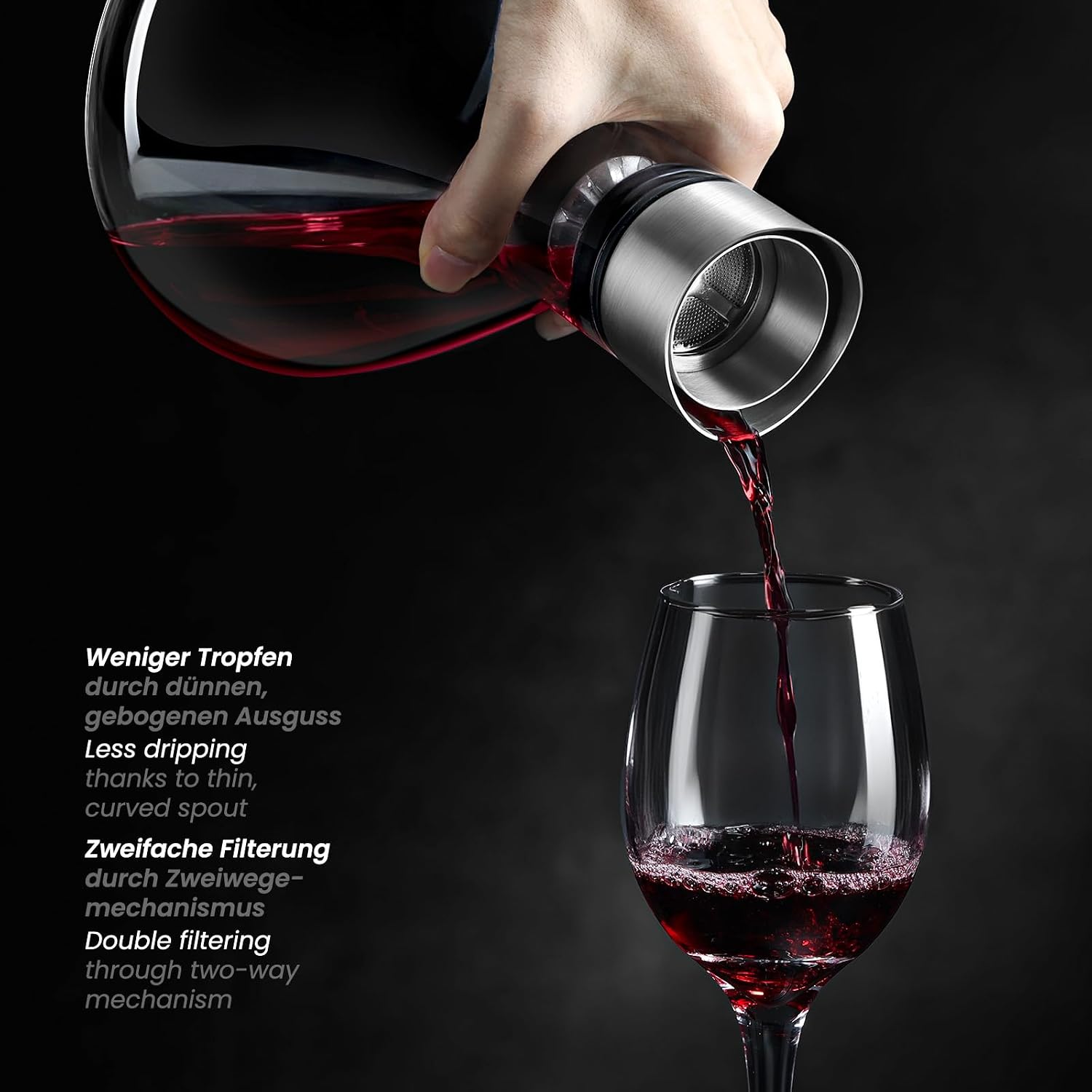 Décanteur à Vin avec Aérateur, Carafe à Vin Anti-Goutte - Décanteur à Vin Rouge avec Filtre, Cadeau Raffiné pour Connaisseurs et Beaux-parents, 1600 ml (Pleine Capacité)