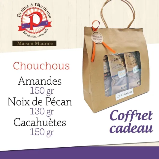 Pralines à l’Ancienne - Coffret Cadeau Pralines « Classiques » - Chouchous Friandise Artisanale- Amandes, Noix de Pécan, Cacahuètes - 3 Sachets Encas Apéritif -430 gr- Fabriquées en France