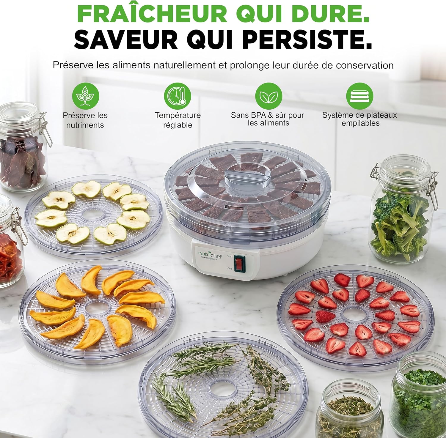 Déshydrateur Alimentaire 5 Niveaux – Séchoir Électrique pour Fruits Légumes et Viande – Température Réglable et Séchage Uniforme pour Snacks Maison et Conservation Laitueux