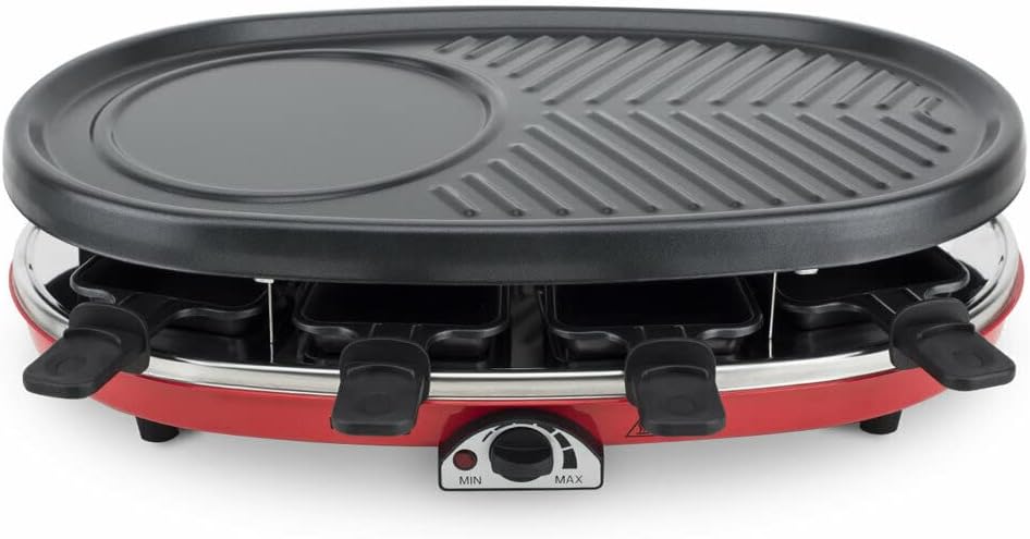 H.Koenig Appareil à Raclette 4en1 Multifonctions 8 personnes Professionnel RP418, Pierre naturelle, 6 mini crêpes pancakes, Grill, Raclette fromage fondue, Température réglable, 8 poêlons antiadhésifs