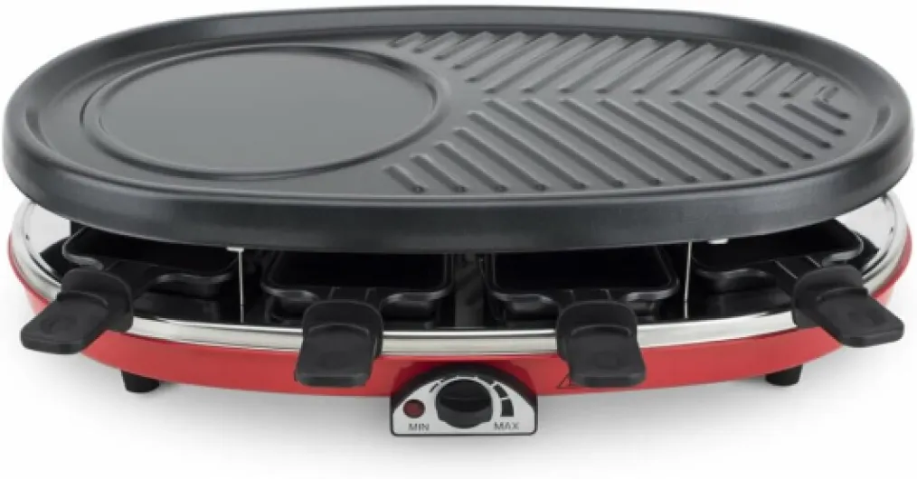 H.Koenig Appareil à Raclette 4en1 Multifonctions 8 personnes Professionnel RP418, Pierre naturelle, 6 mini crêpes pancakes, Grill, Raclette fromage fondue, Température réglable, 8 poêlons antiadhésifs