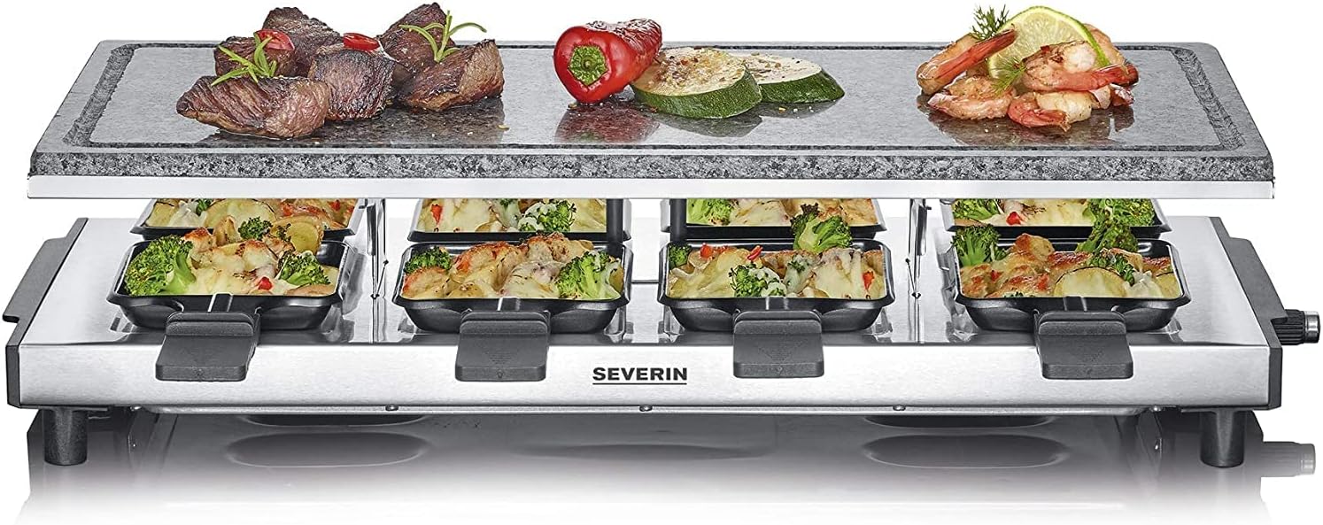 Raclette Gril 8 personnes, Pierre de Cuisson Naturelle, Thermostat Réglable, Surface de Cuisson 48,5 X 24 cm, Noir/Inox, RG 2374