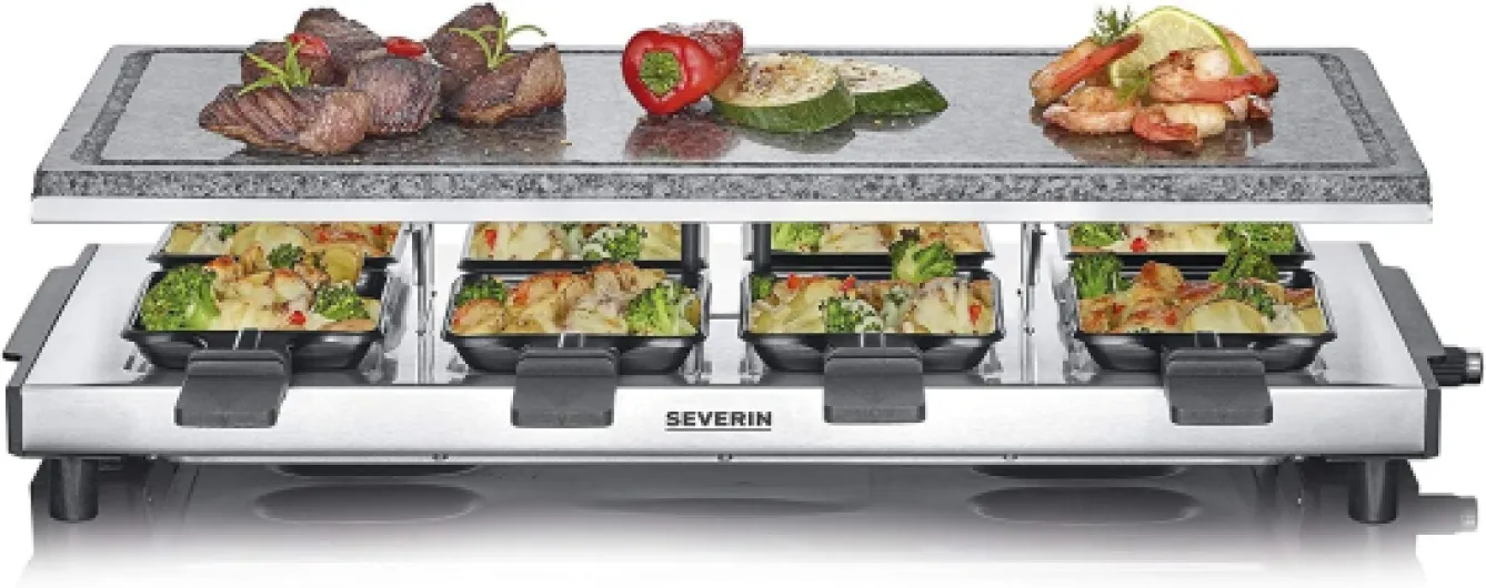 Raclette Gril 8 personnes, Pierre de Cuisson Naturelle, Thermostat Réglable, Surface de Cuisson 48,5 X 24 cm, Noir/Inox, RG 2374