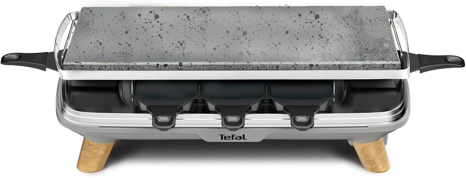 Raclette Pierrade Gourmet, Raclette pierrade 2-en-1, Utilisation en intérieur, 1350 W, Pierre naturelle, 8coupelles Maxi Profondes, Facile à nettoyer, Gris, Pieds effet bois PR620D12