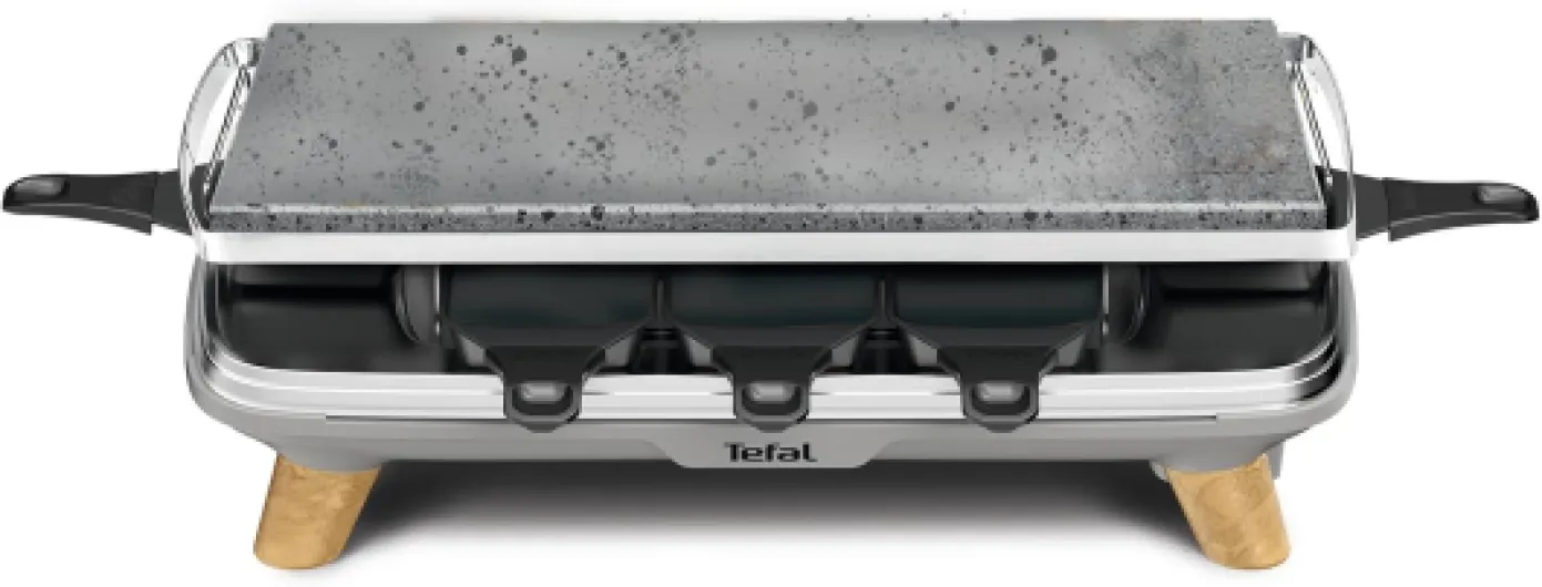 Raclette Pierrade Gourmet, Raclette pierrade 2-en-1, Utilisation en intérieur, 1350 W, Pierre naturelle, 8coupelles Maxi Profondes, Facile à nettoyer, Gris, Pieds effet bois PR620D12