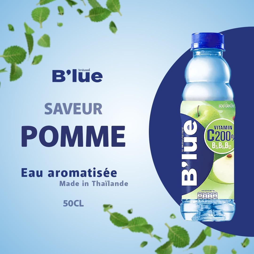 B'lue Eau Aromatisée Saveur Pomme avec Vitamine C200, B3, B6, B12, 50cl, Lot de 24