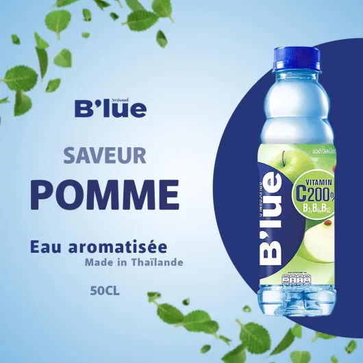 B'lue Eau Aromatisée Saveur Pomme avec Vitamine C200, B3, B6, B12, 50cl, Lot de 24