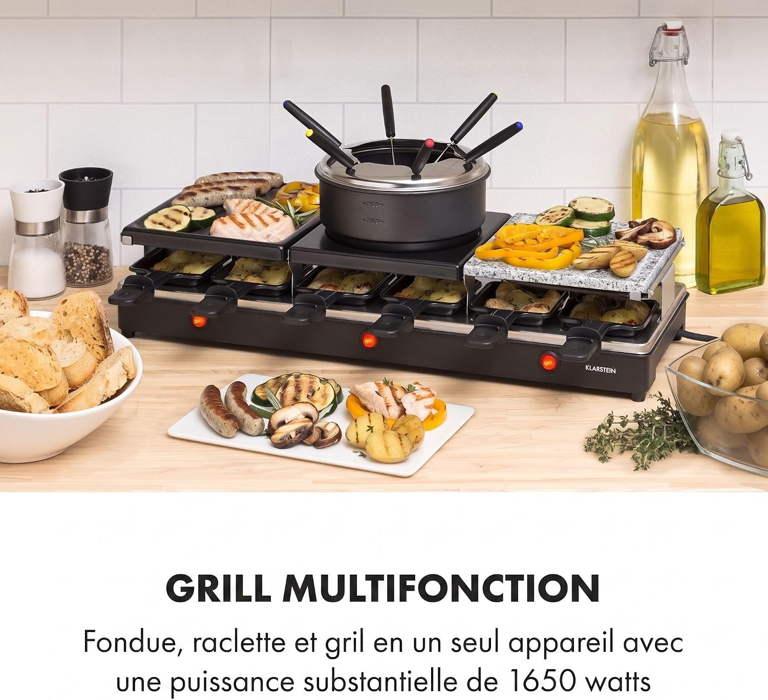 Fonduelette XL - Appareil a Raclette & Fondue 3-en-1, 1650 Watts, 3 Plaques de Gril: Metal/Pierre Naturelle/Crepes, 3 Resistances Inox Separees, jusqu'a 12 Personnes, Antiadhesif, Noir 19 x 20 cm Noir